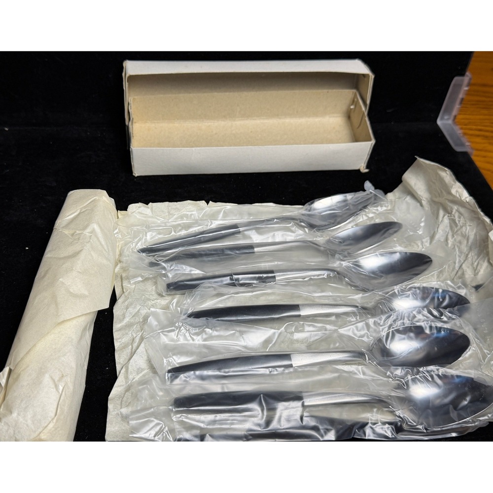 Kingston Stainless-1214 Tea Spoon 12pc Set, Black Handle, MCM Made in Japan, NIB